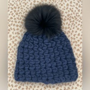 MISCHA LAMPERT hand knit woolen beanie with Fox fur pom pom